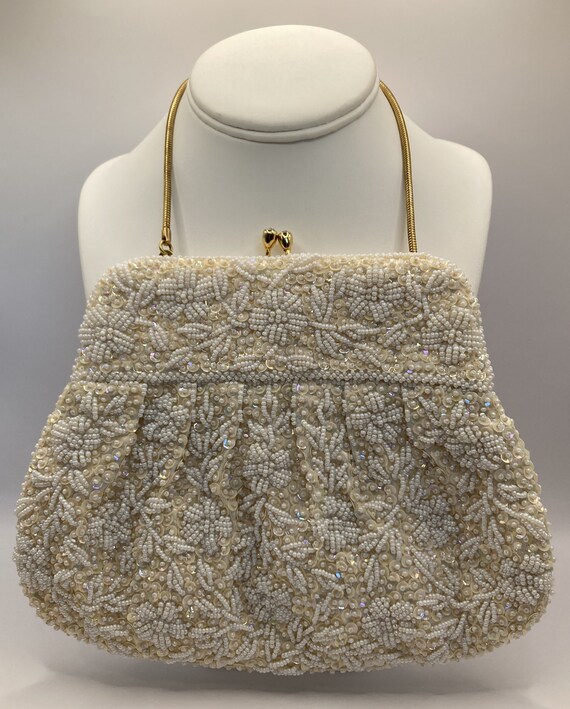 Stunning White Beaded Wedding Handbag with Gold To