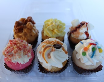 Puede incluir: Seis mini cupcakes en un recipiente de plástico transparente. Los cupcakes están cubiertos con diferentes glaseados y coberturas, incluyendo chispas, chocolate y nueces.