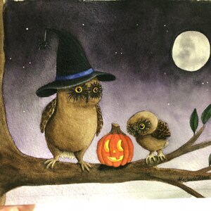 Watercolor Print, &quot;Happy &#39;Hoot&#39;aween!&quot; 5x7 image ( Black Mat Not Included)