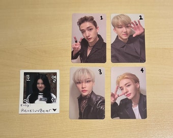 May include: Four photo cards featuring different people. The cards are numbered 1 through 4. The first card shows a person with brown hair wearing a black jacket. The second card shows a person with brown hair wearing a black jacket. The third card shows a person with blonde hair wearing a black jacket. The fourth card shows a person with blonde hair wearing a black jacket. The cards are all set against a light brown background.