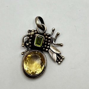 Sterling Silver Insect Pendant with Gemstone, citrine and peridot, vintage handmade silver pendant necklace