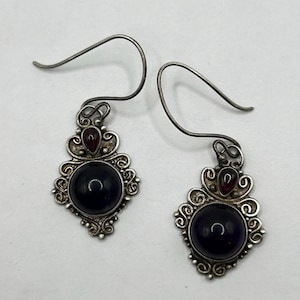 Sterling Silver Amethyst and Garnet Earrings, handmade vintage gemstone dangle earrings