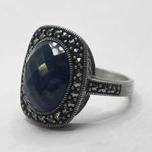 Large Vintage Lapis Lazuli and Marcacite Ring, Sterling Silver - Size 12