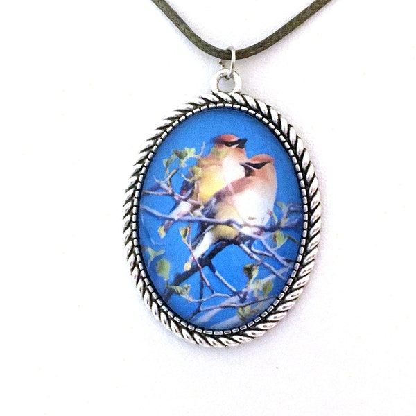 Cedar Waxwings, Pendant, Bookmark, Pin, Bird Art, Original Art, Elegant Necklace, Nature Jewelry, Glass Cabochon, Handmade, Gift for Birder