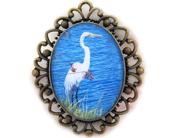 White Egret, Pendant, Bookmark, Brooch, Pin, Bird Art, Original Art, Nature Jewelry, Glass Cabochon, Handmade, Elegant, Gift for Birder