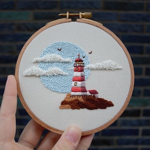 Lighthouse by the Sea Embroidery Pattern PDF / Digital Hand Embroidery  / Beginner / Summer Landscape Ocean Waves Abstract