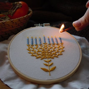 Lighting the Menorah Embroidery Pattern PDF / Digital Hand Embroidery  / Beginner / Jewish Chanukkah Hanukkah Chag Sameach Botanical Winter