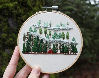Misty Mountains Embroidery Pattern PDF / Digital Hand Embroidery  / Botanical Forest Cabin Landscape Scene Pine Fir Trees Cozy Fall Winter