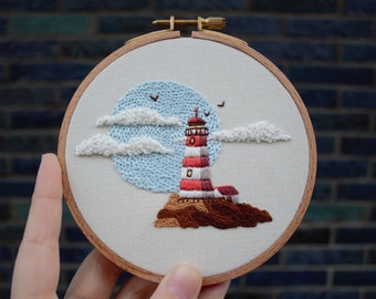 Lighthouse by the Sea Embroidery Pattern PDF / Digital Hand Embroidery /  Beginner / Summer Landscape Ocean Waves Abstract