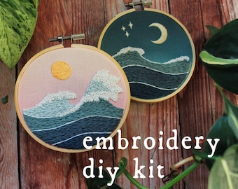 From Sunrise to Midnight Embroidery Kit / Digital Hand Embroidery Pattern / Embroidery PDF / Ocean Winter Hokusai Wave Beginner Full Kit