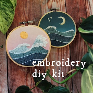 From Sunrise to Midnight Embroidery Kit / Digital Hand Embroidery Pattern / Embroidery PDF / Ocean Winter Hokusai Wave Beginner Full Kit