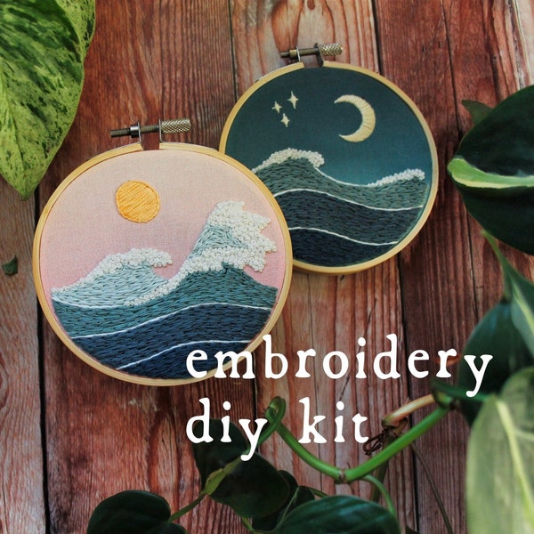 Kit de broderie du lever du soleil à minuit / Modèle de broderie numérique à la main / PDF de broderie / Kit complet pour débutants Ocean Winter Hokusai Wave