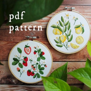 Strawberry Lemonade Pattern Collection Embroidery Pattern PDF / Digital Hand Embroidery  / Botanical Nature Lemon Fruit Citrus Summer August
