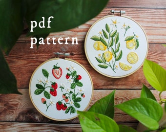 Strawberry Lemonade Pattern Collection Embroidery Pattern PDF / Digital Hand Embroidery  / Botanical Nature Lemon Fruit Citrus Summer August