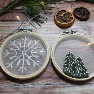 Tulle Ornament Duo Christmas Ornament Embroidery Kit / Digital Hand Embroidery Pattern / Embroidery PDF / Snowflake Tree Pine Beginner