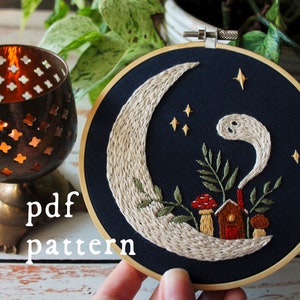 Home on the Moon Embroidery Pattern PDF / Digital Hand Embroidery Pattern / Embroidery PDF / Winter Embroidery Pattern / Cozy Moon Mushroom image 1