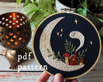 Home on the Moon Embroidery Pattern PDF / Digital Hand Embroidery Pattern / Embroidery PDF / Winter Embroidery Pattern / Cozy Moon Mushroom