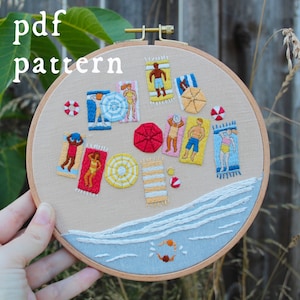 Sunbathers Embroidery Pattern PDF / Digital Hand Embroidery Pattern / Embroidery PDF / Ocean Water Wave Beach Sand Summer Aerial Sun