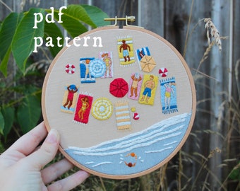 Sunbathers Embroidery Pattern PDF / Digital Hand Embroidery Pattern / Broderie PDF / Ocean Water Wave Beach Sand Summer Aerial Sun