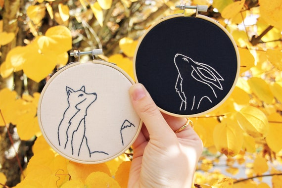 Fox and Hare Embroidery Pattern / Digital Hand Embroidery / Embroidery PDF / Witchy Spooky Rabbit Nature Botanical Beginner Simple
