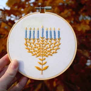 Lighting the Menorah Embroidery Kit / Digital Hand Embroidery Pattern / Embroidery PDF / Jewish Chanukkah Hanukkah Winter Holiday