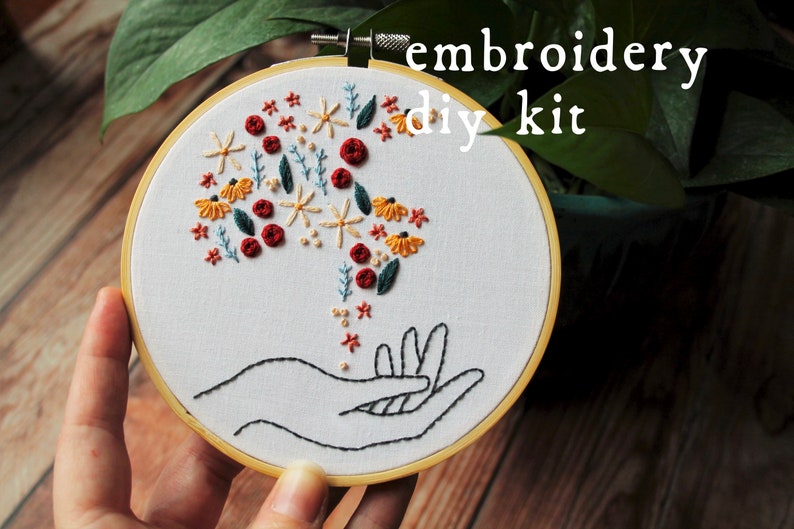 Floating Floral Magic Embroidery Kit / Hand Embroidery Pattern Digital PDF / Spring Embroidery Pattern Kit / Full Beginner Flowers Bohemian image 1