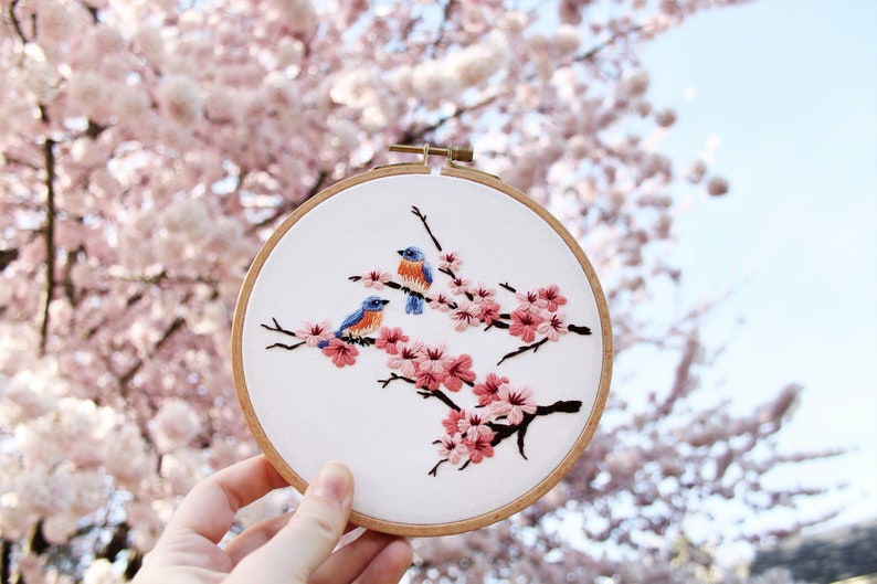 Cherry Blossom Bluebirds Embroidery Pattern PDF / Digital Hand Embroidery Pattern / Embroidery PDF / Plants Flowers Floral Pink Sakura image 2