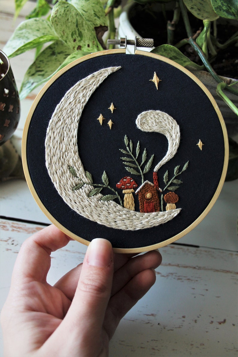 Home on the Moon Embroidery Pattern PDF / Digital Hand Embroidery Pattern / Embroidery PDF / Winter Embroidery Pattern / Cozy Moon Mushroom image 2