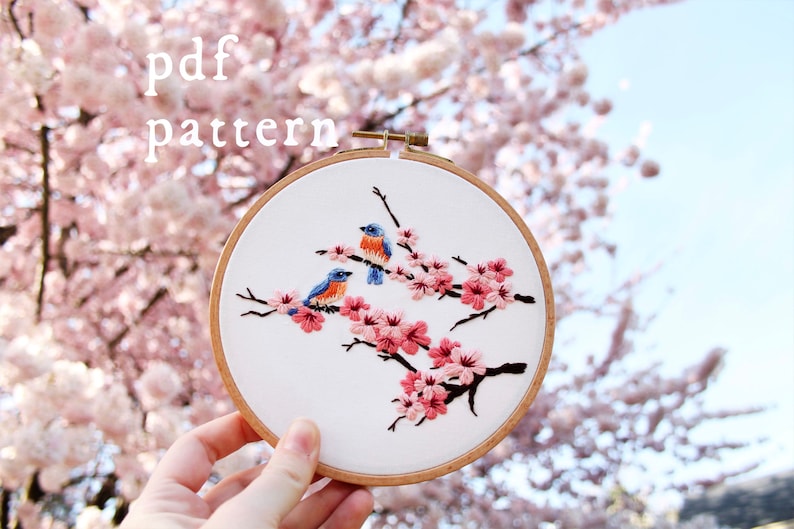 Cherry Blossom Bluebirds Embroidery Pattern PDF / Digital Hand Embroidery Pattern / Embroidery PDF / Plants Flowers Floral Pink Sakura image 1