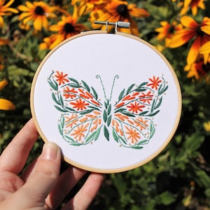 Botanical Butterfly Embroidery Pattern PDF / Digital Hand Embroidery  / Botanical Nature Monarch Blue Morpho Flowers Floral Insect