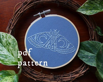 Moon Moth Embroidery Pattern / Digital Hand Embroidery Pattern / Embroidery PDF / First Project Beginner Witchy Magic Contemporary