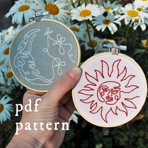 Single Line Sun and Moon / Digital Hand Embroidery Pattern PDF / Boho Simple Contemporary Celestial Natural Botanical Beginner Simple