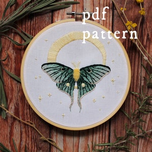 Luna Moth Embroidery Pattern PDF / Digital Hand Embroidery Pattern / Embroidery PDF / Winter Embroidery Pattern / Witchy Magic Stars Moon