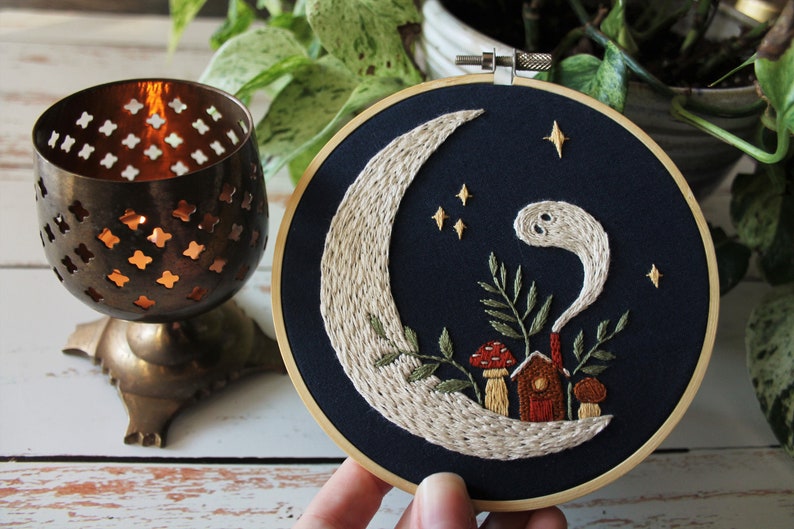 Home on the Moon Embroidery Pattern PDF / Digital Hand Embroidery Pattern / Embroidery PDF / Winter Embroidery Pattern / Cozy Moon Mushroom image 3