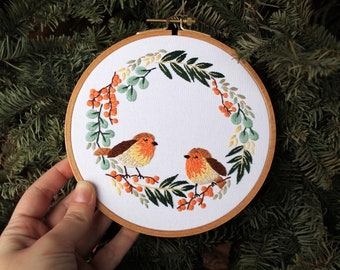 The Love Birds Embroidery Pattern PDF / Digital Hand Embroidery  / Robins Wreath Botanical Floral Winter Spring Romantic Unique February