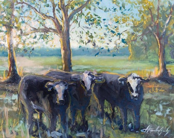 Oil Painting Cows Print | "Grazing Admidst the Early Light"