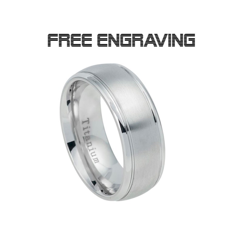 White IP Plated Titanium Ring Domed Brushed Center Stepped Edge 8mm Cheap Wedding band Free Engraving Titanium Ring Man Wedding Band