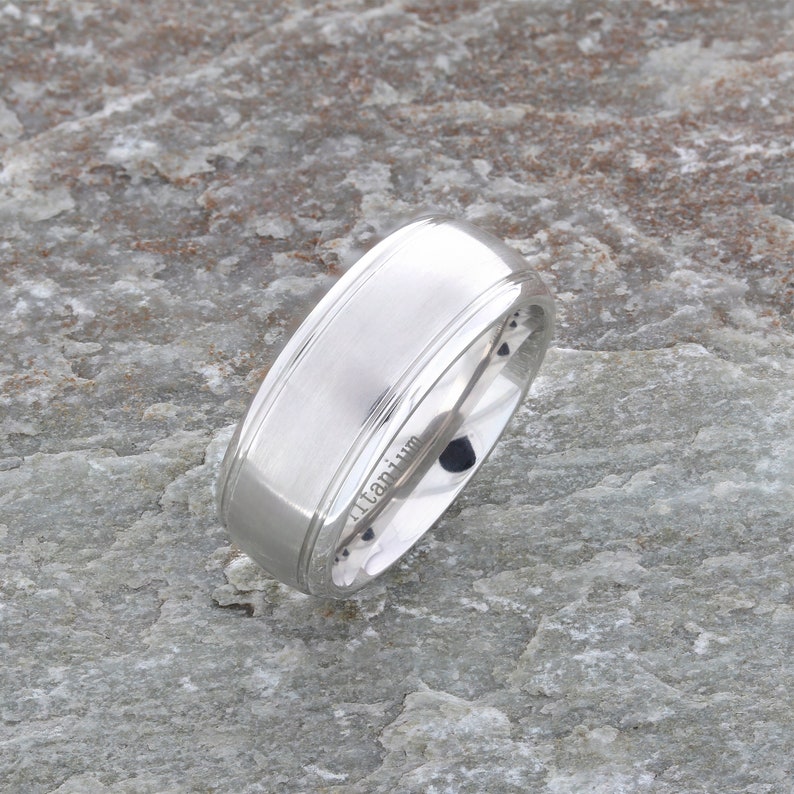 White IP Plated Titanium Ring Domed Brushed Center Stepped Edge 8mm Cheap Wedding band Free Engraving Titanium Ring Man Wedding Band