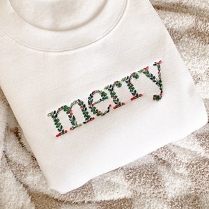 Embroidered Floral Merry Sweatshirt | Christmas Crewneck | Embroidered Xmas Sweatshirt | Custom Christmas Gift