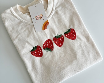 Strawberry Embroidered Comfort Colors Shirt | Cute Strawberry Tee | Spring Summer Tee | Custom Embroidered Shirt | Mother's Day Gift