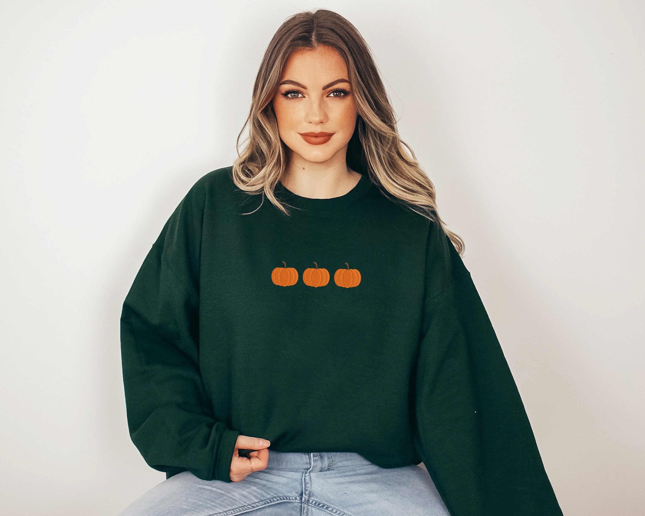 Discover Embroidered Pumpkin Halloween Sweatshirt | Trendy Crewneck | Embroidered Sweatshirt | Oversized Fall Sweatshirt