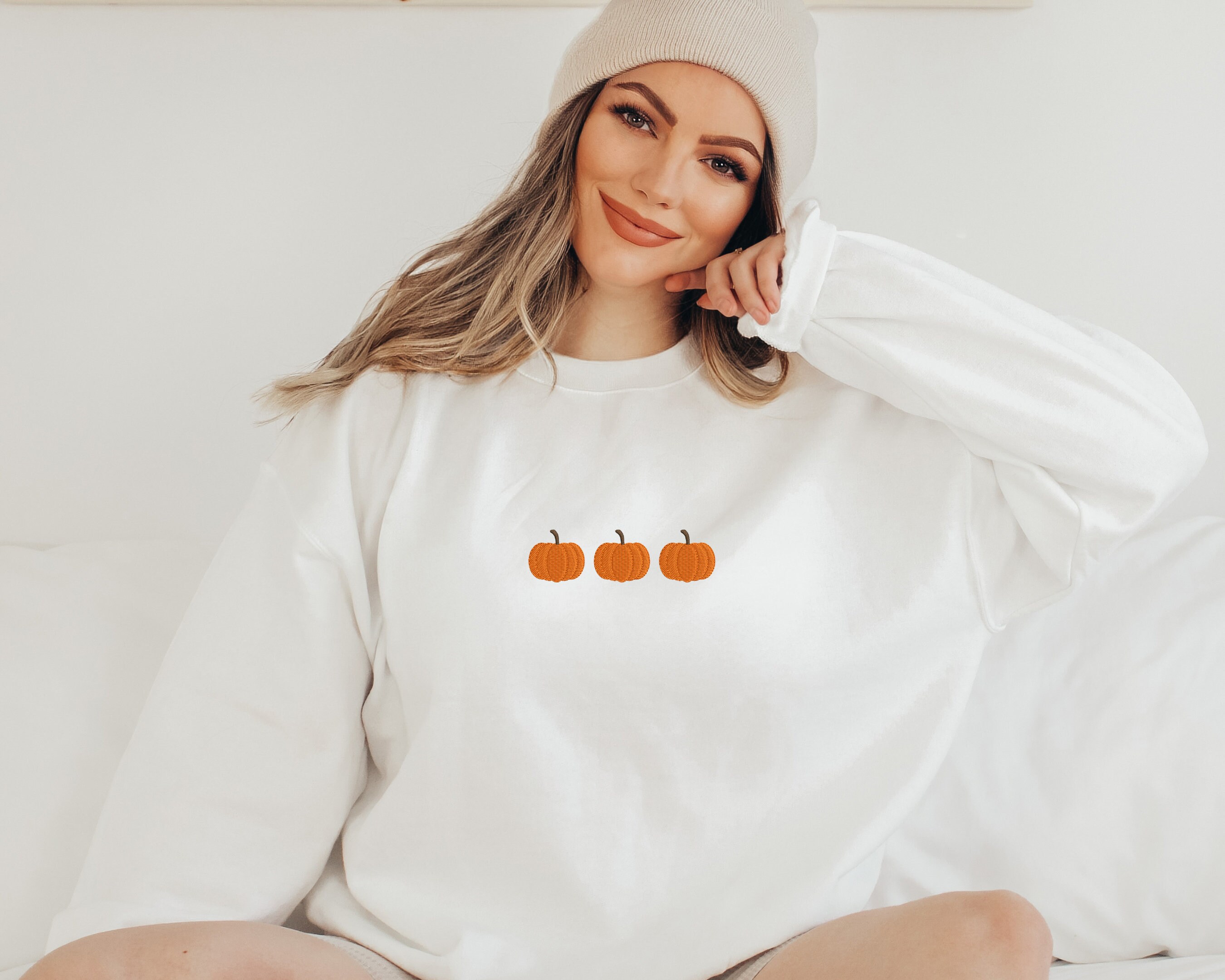 Discover Embroidered Pumpkin Halloween Sweatshirt | Trendy Crewneck | Embroidered Sweatshirt | Oversized Fall Sweatshirt