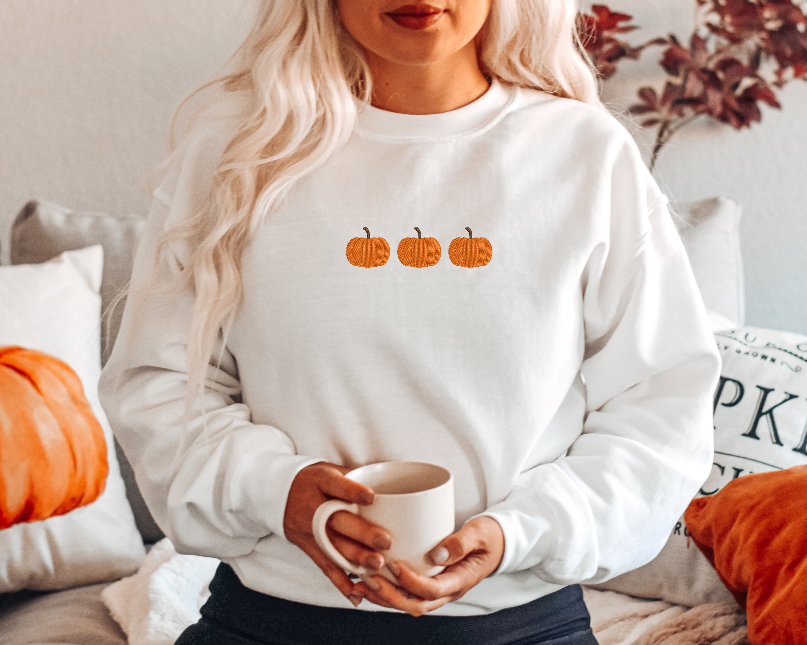 Discover Embroidered Pumpkin Halloween Sweatshirt | Trendy Crewneck | Embroidered Sweatshirt | Oversized Fall Sweatshirt