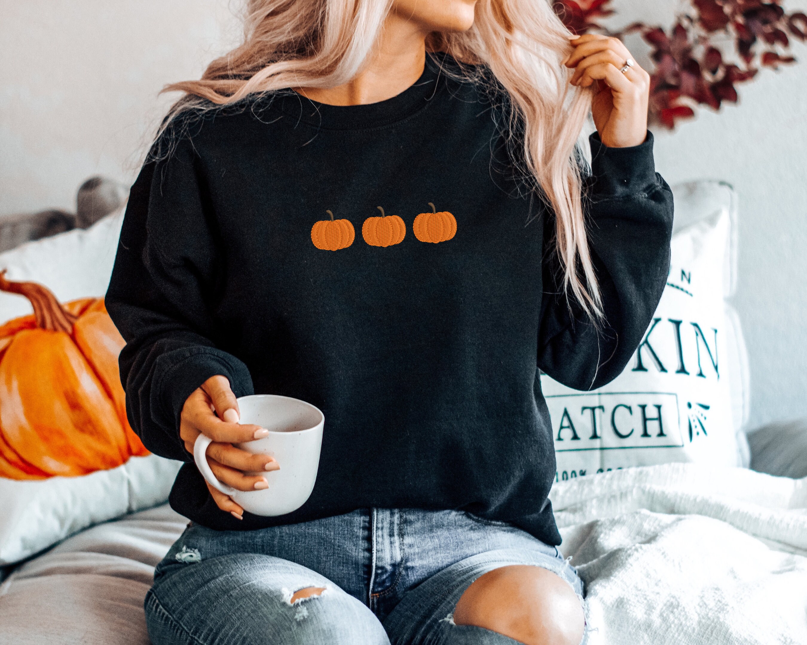 Discover Embroidered Pumpkin Halloween Sweatshirt | Trendy Crewneck | Embroidered Sweatshirt | Oversized Fall Sweatshirt