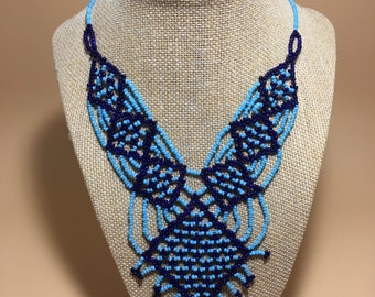 Vintage 1970’s blue seed bead handmade necklace