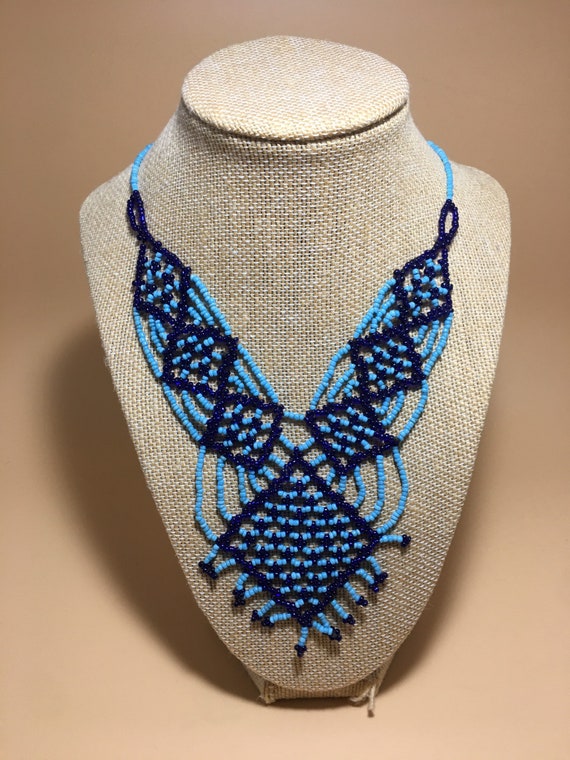 Vintage 1970’s blue seed bead handmade necklace - image 1