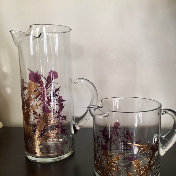 1950’s Gregory Duncan Purple Thistle Gilded Glass Pitcher Set of Two