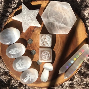 Selenite Cube Wand Soap Oval Chakra engraved Tree of Life Feather Hamsa Hand Dragon Mushroom Lotus Star