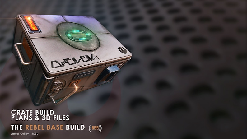 May include: A white box with a green light and the text "カイロワ" on the side. The box is labeled "CRATE BUILD PLANS & 3D FILES THE REBEL BASE BUILD (RBB)" and "James Culley - JC3D".
