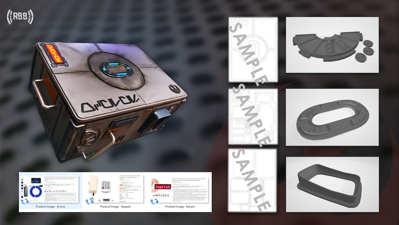 May include: A silver and gray box with a blue digital display and a handle. The box has the word "DIALOCK" printed on it. The box is a prop for a science fiction movie or television show.